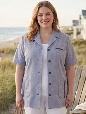 Femme Active Blue Gingham Utility Blouse, Coastal Grandma, Nautical Chic,Size 16